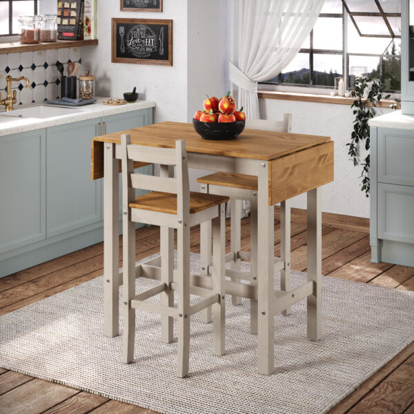 Azusa Grey Square High Breakfast Bar Drop Leaf Table & Pair Bar Chair Set | Assembly Required