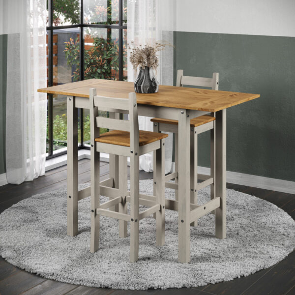 Azusa Grey Rectangular High Breakfast Bar Drop Leaf Table & Pair Bar Chair Set | Assembly Required